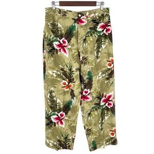 Chicos Design LINEN Sz 3 XL Green Pink Tropical Beach Summer Pants Floral